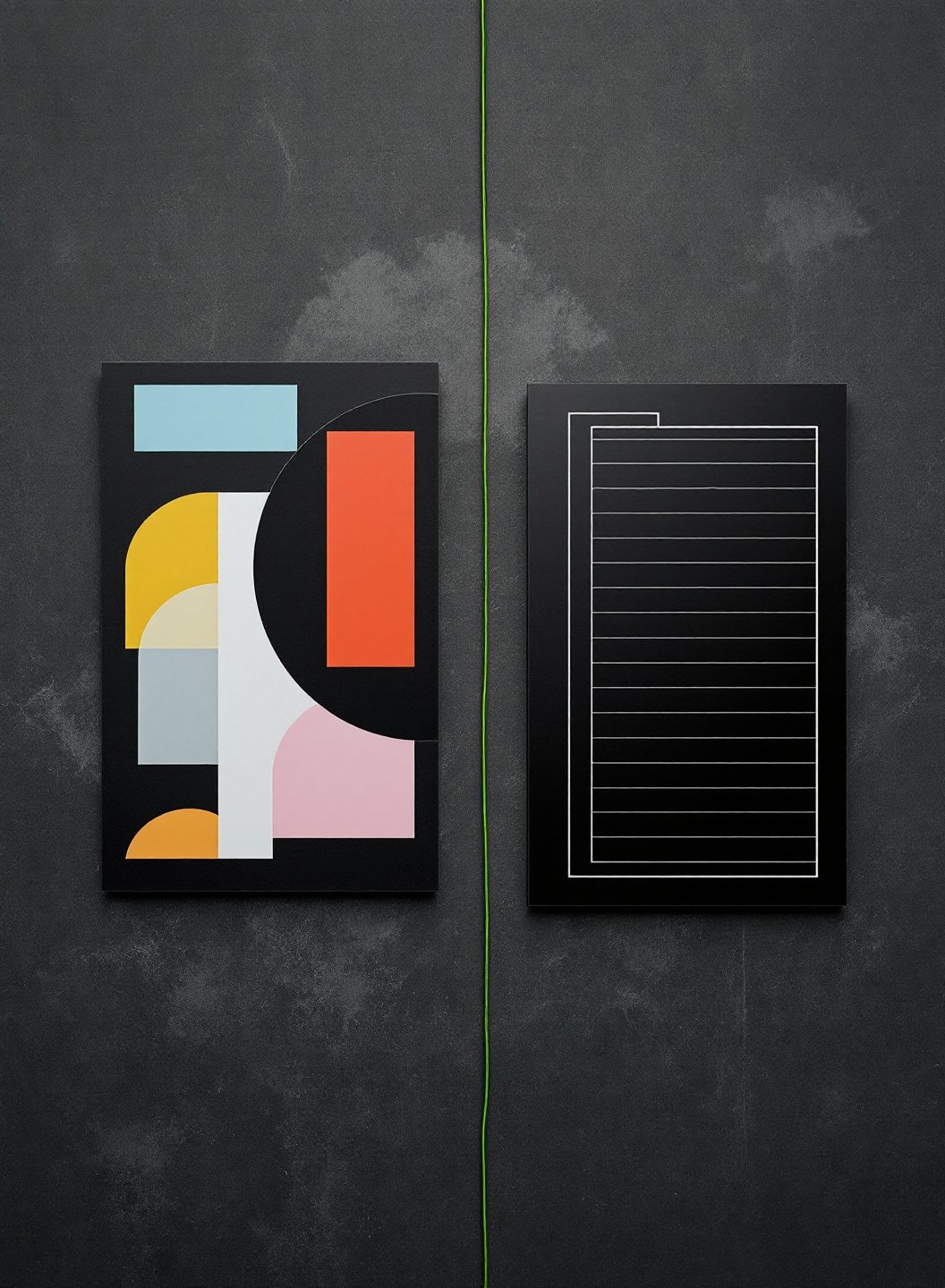 Two dark panels side by side, one holding an abstract image collage and the other the same layout reduced to outline frames, joined by a thin lime wire.
