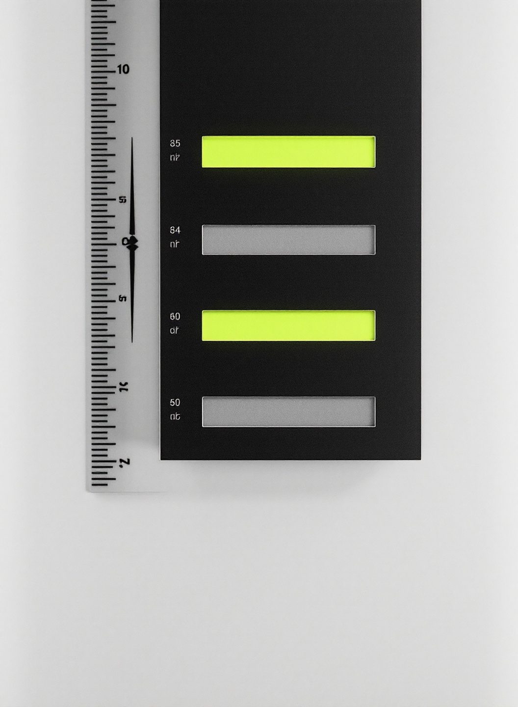 Photograph of five thin horizontal bars etched into a dark panel, one bar filled in lime green and the rest in grey.