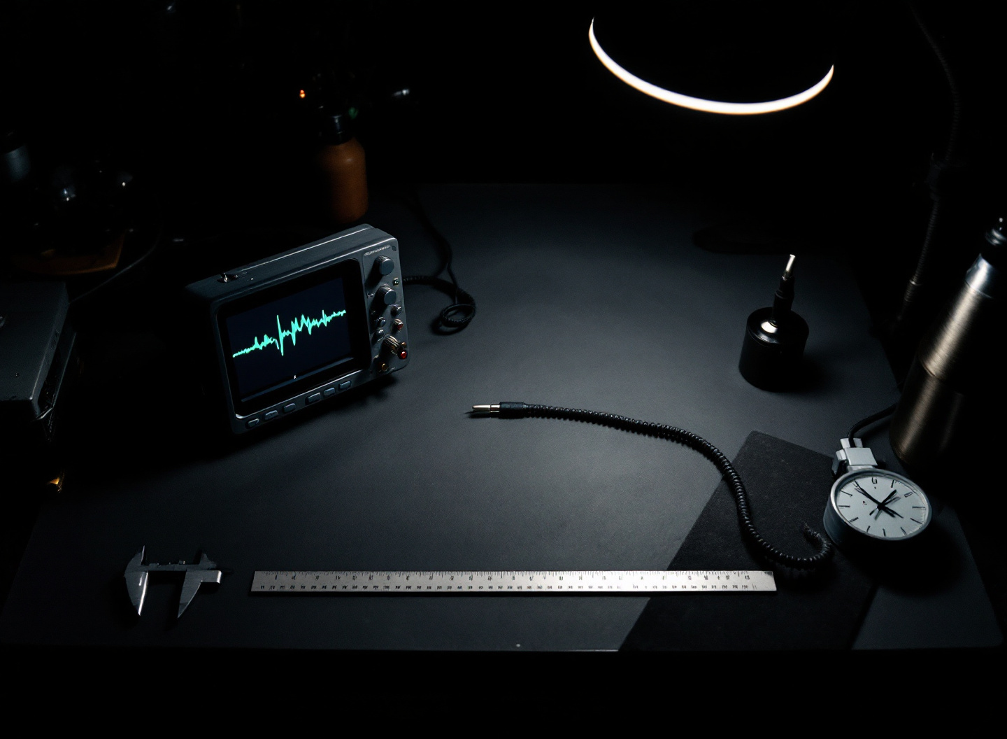 Photograph of an instrument maker's dark workbench at night, with an oscilloscope, a ruler, a caliper and a coiled patch lead.