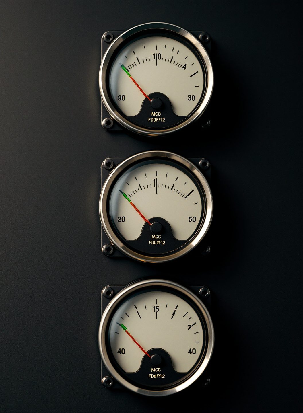 Overhead photograph of three analogue meter dials stacked on a dark bench, each needle tipped in lime green.